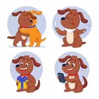 Free vector cute cartoon dog hugging friend eating receiving present using mobile phone set