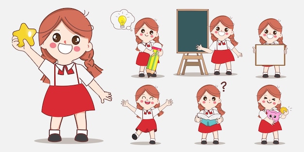 Cute cartoon doodle girl student character study in the classroom at the school pose set