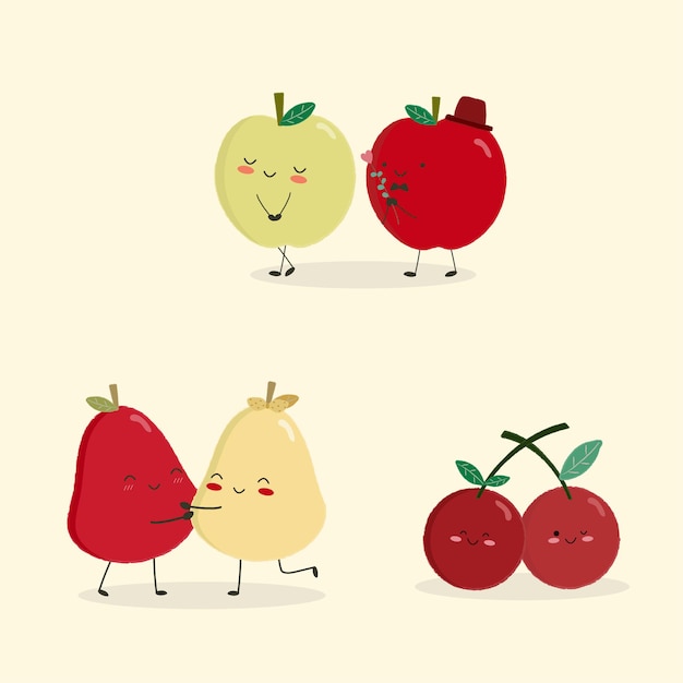 Free vector cute cartoon fruits couple in love.