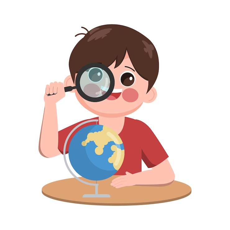 無料Vector 世界地図で学ぶかわいい漫画手描きの少年