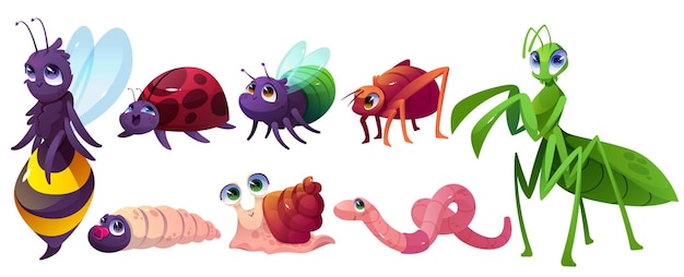 Симпатичные персонажи мультяшных насекомых, улитка, пчела или жуки