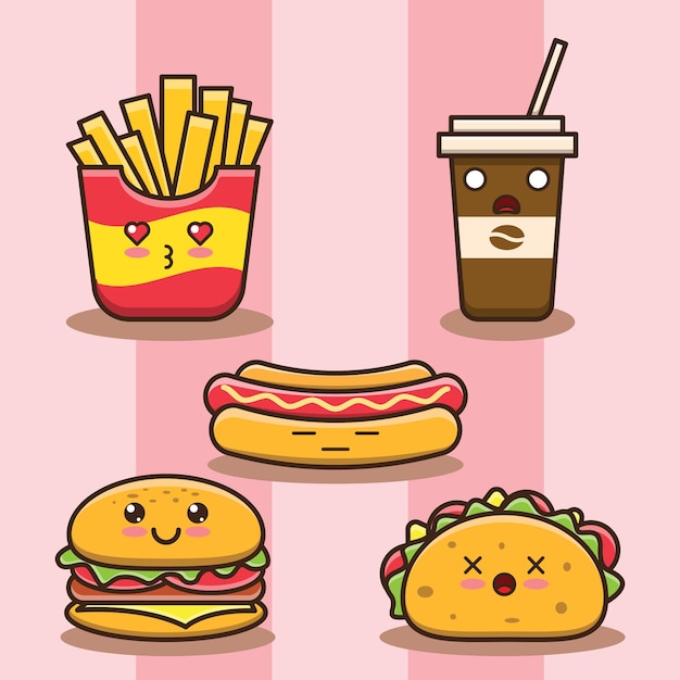 Premium Vector | Cute kawaii junk food drawing