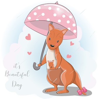 Милый мультфильм кенгуру с зонтиком под дождем