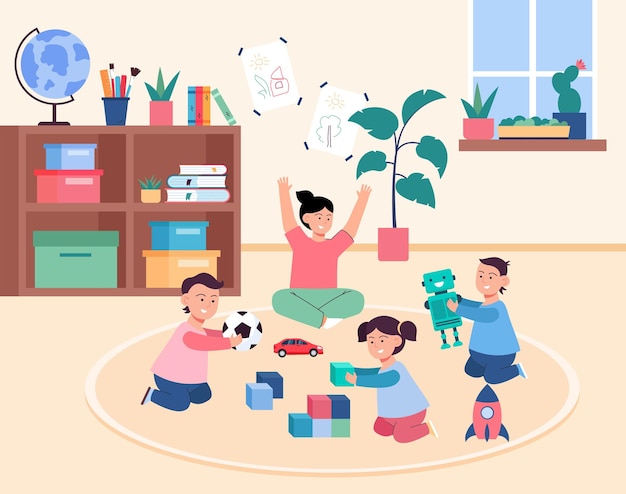 Cute cartoon kids playing on floor in kindergarten. Toy car, robot, rocket, child playing with cubes flat vector illustration. Childhood, education concept for banner, website design or landing page