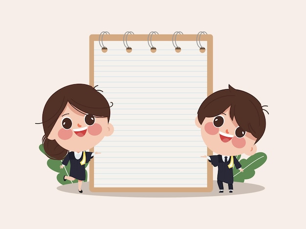 Free vector cute cartoon lawyer with notebook paper stationery background.