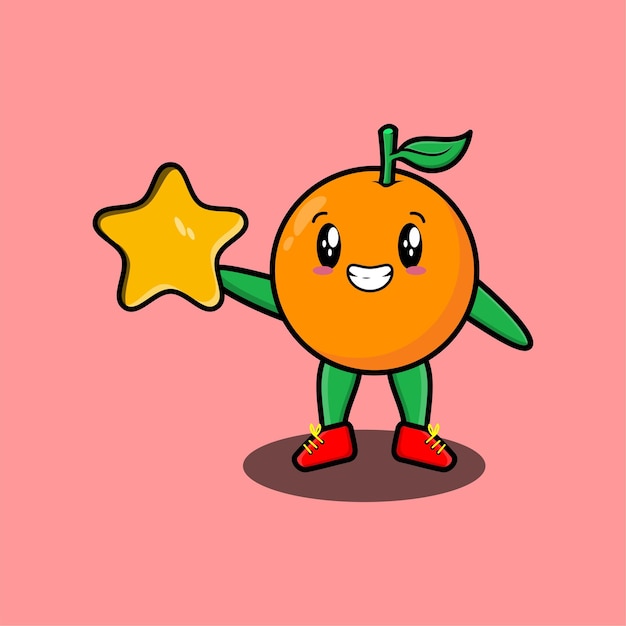 かわいい漫画のマスコットキャラクターオレンジ色のマスコットは かわいいモダンなスタイルのデザインで大きな金色の星を保持しています プレミアムベクター