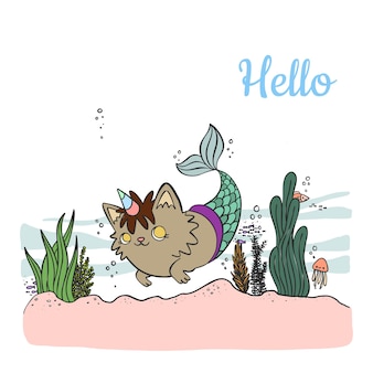 Cute cartoon mermaid cat with unicorn horn swimming in the sea with sea animals.