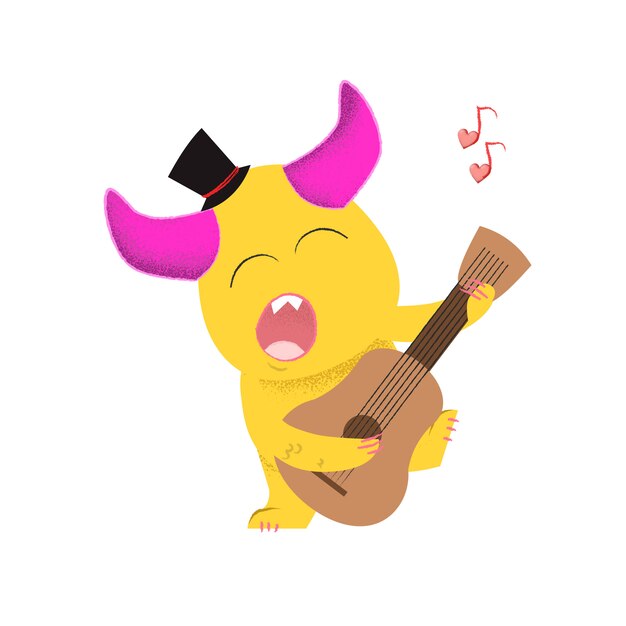 Cute cartoon monster playing guitar and singing love song