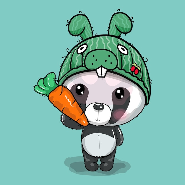 Милый мультфильм панда в шапке кролика векторные иллюстрации Premium векторы