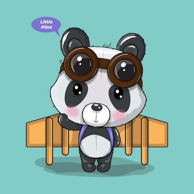 Cute Cartoon panda play with a plane