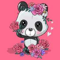 免费矢量用鲜花可爱的卡通熊猫矢量插图