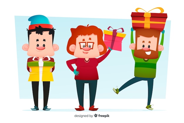 Cute cartoon people buying christmas gifts