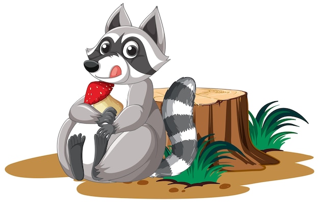 Free vector cute cartoon raccoon holding mushroom with stump on white backgr