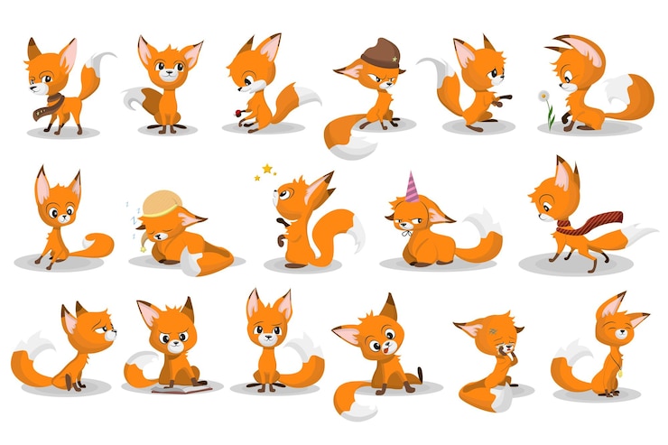 Free Vector cute cartoon red fox set. funny animal character smiling, crying, walking, playing game, sleeping