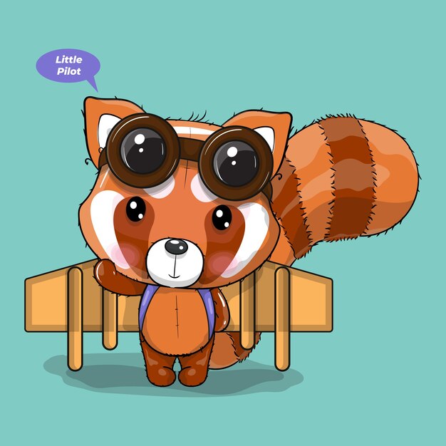Милая мультяшная красная панда играет с самолетом