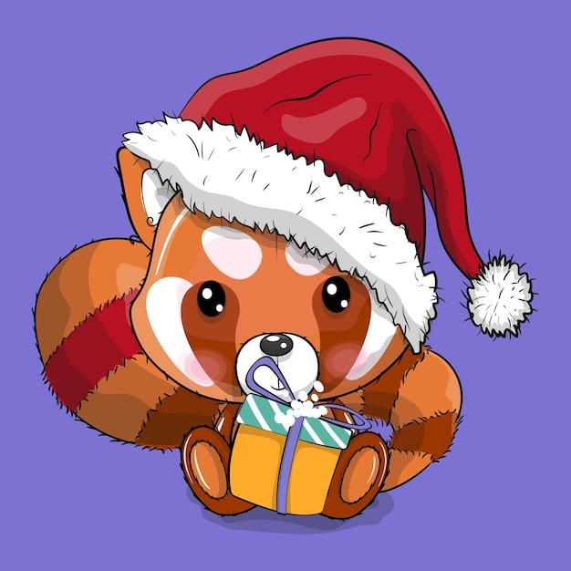 Free vector cute cartoon red panda with christmas hat vector illustration