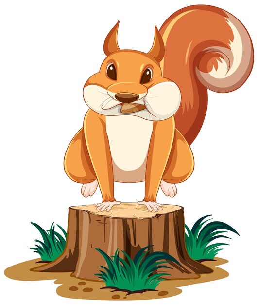 Cute cartoon squirrel jumping on stump with white background