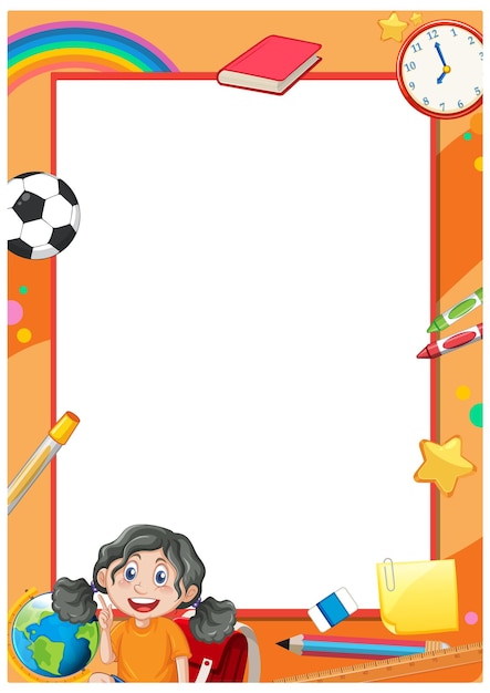 Free vector cute cartoon student with learning tools border frame