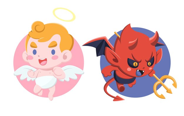 白いイラストの悪魔と天使のキャラクター 無料のベクター