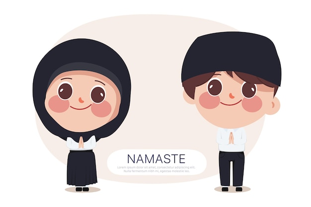 귀여운 만화 태국 이슬람 학생 나마스테가 대학 유니폼을 입고 인사합니다.