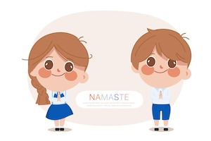 Cute cartoon thai student namaste greeting in the school uniform.