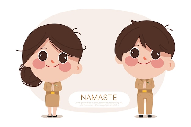 Cute cartoon thai teacher namaste greeting in the government uniform