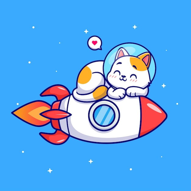 無料ベクター かわいい猫の宇宙飛行士は、宇宙漫画のベクトル アイコン イラストのロケットに横たわっていた。動物科学の分離