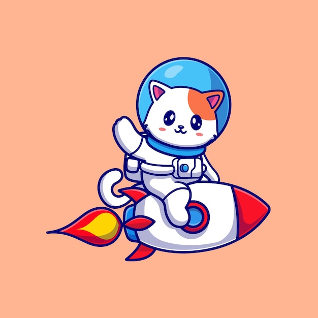 かわいい猫の宇宙飛行士がロケットに乗って手を振る漫画ベクトルアイコンイラスト。動物技術アイコンコンセプト分離プレミアムベクトル。フラット漫画スタイル