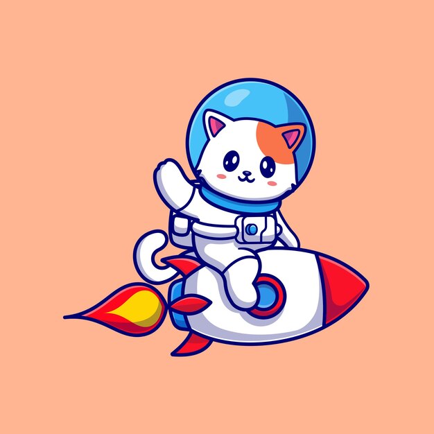 Cute Cat Astronaut Riding Rocket And Waving Hand Cartoon Vector Icon Illustration. Animal Technology Icon Concept Isolated Premium Vector. Flat Cartoon Style