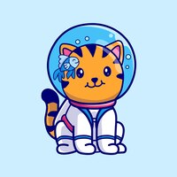 Симпатичный кот-астронавт сидит с рыбой в шлеме. икона зоотехники