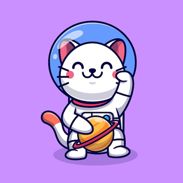 행성 만화 벡터 아이콘 일러스트와 함께 귀여운 고양이 우주 비행사. 동물 과학 아이콘 개념 절연 프리미엄 벡터입니다. 플랫 만화 스타일