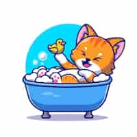 Free vector cute cat bath in the bath tub with duck toys cartoon icon illustration.