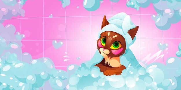 Cute cat in bath in pet grooming salon vector cartoon illustration of domestic animal spa kitten wash beautiful cat bathe with soap foam and towel on head