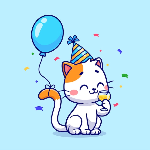 Cute cat birthday party with balloon cartoon vector icon illustration animal holiday icon  isolated