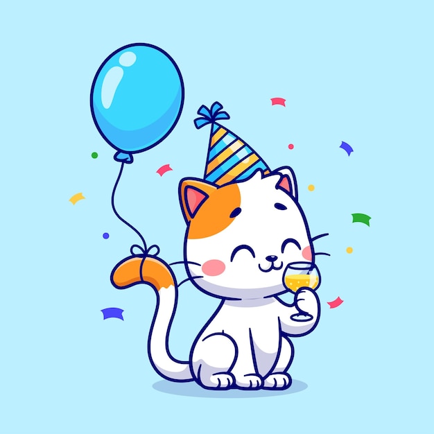 Cute Cat Birthday Party With Balloon Cartoon Vector Icon Illustration Animal Holiday Icon  Isolated