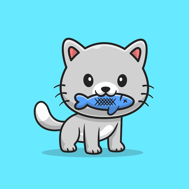 Cute Cat Bites Fish Cartoon Vector Icon Illustration. Animal Nature Icon Concept Isolated Premium