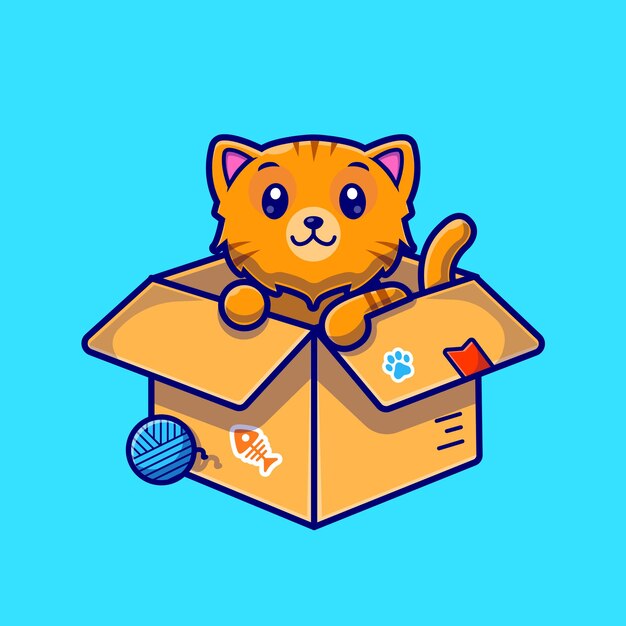 Cute Cat In Box Cartoon Character. Animal Nature Isolated.