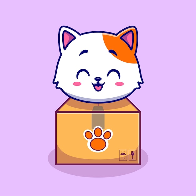 Милый кот в коробке мультфильм вектор значок иллюстрации. Изолированная концепция иконы природы животных Premium векторы. Плоский мультяшный стиль