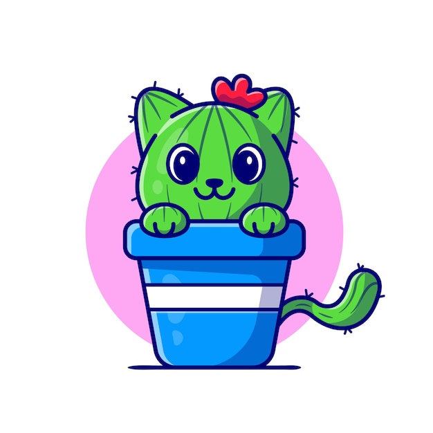 Cute Cat Cactus Cartoon Icon Illustration.