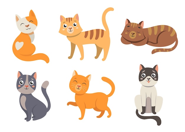 かわいい猫の漫画のキャラクターのイラストセット。ハート型の鼻を持つ猫、笑顔の幸せなふわふわの子猫、白の上に座っているオレンジとグレーの子猫