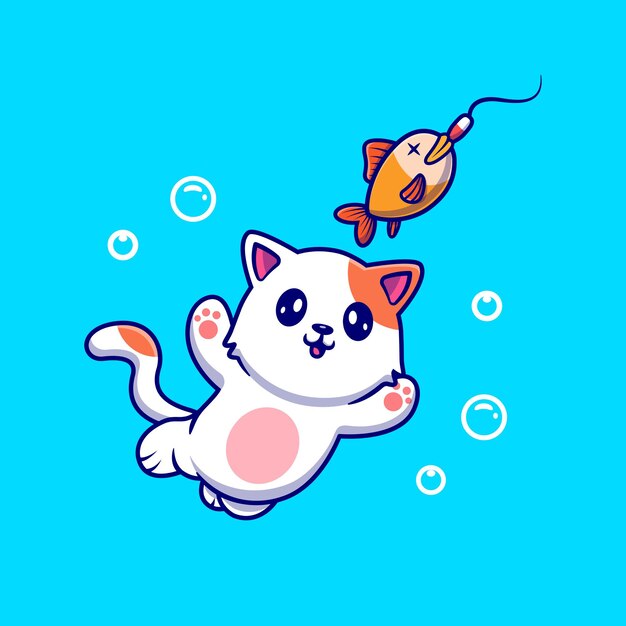 Cute Cat Catching Fish Illustration