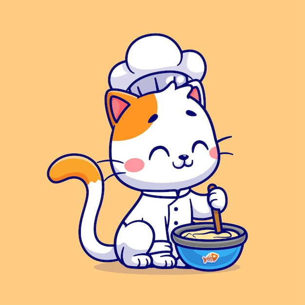 귀여운 고양이 요리사 요리 만화 벡터 아이콘 일러스트 동물 음식 아이콘 개념 고립 된 벡터