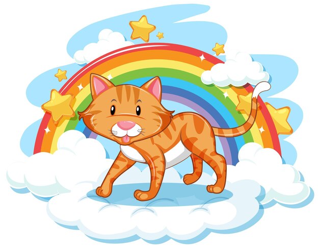 Cute cat on the cloud with rainbow