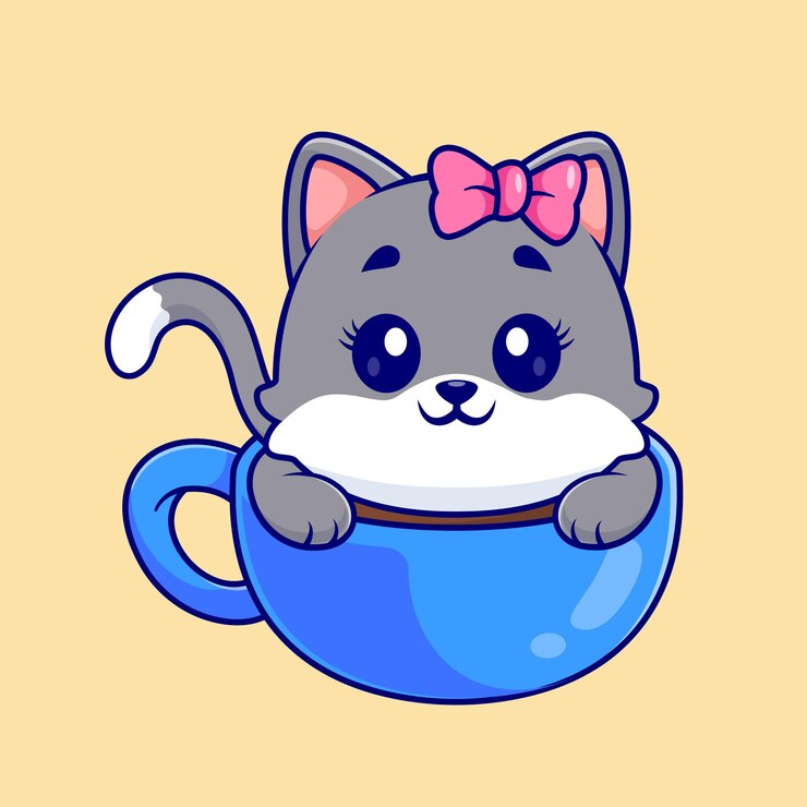 無料Vector コーヒーカップの可愛い猫 カートゥーンベクトルアイコン イラスト 動物 飲み物アイコン 孤立したフラットベクトル