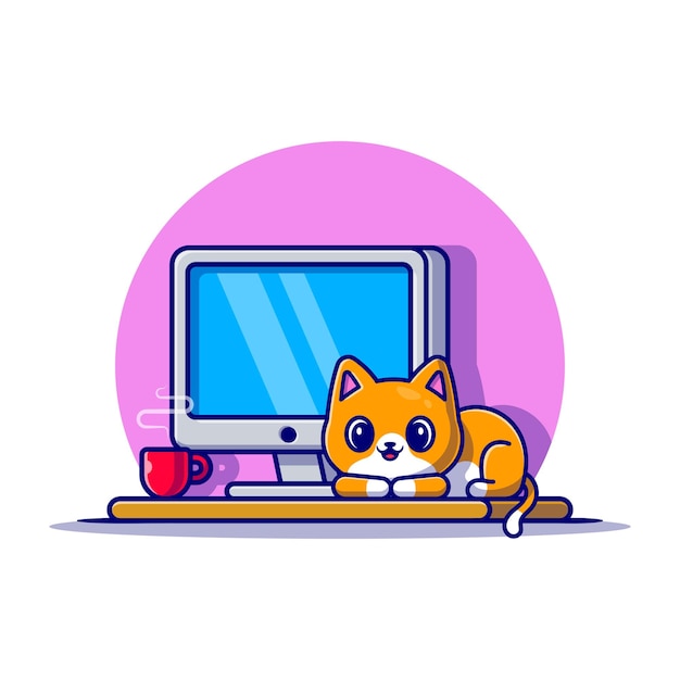Vettore gratuito illustrazione sveglia dell'icona del fumetto del computer e del gatto. concetto dell'icona di tecnologia animale isolato. stile cartone animato piatto
