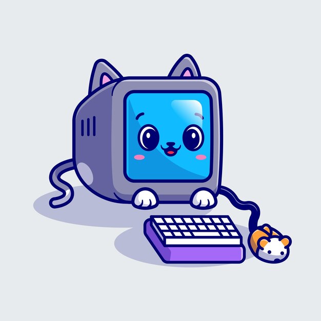 마우스 만화 벡터 아이콘 일러스트와 함께 귀여운 고양이 컴퓨터. 동물 기술 아이콘 개념 절연 프리미엄 벡터입니다. 플랫 만화 스타일