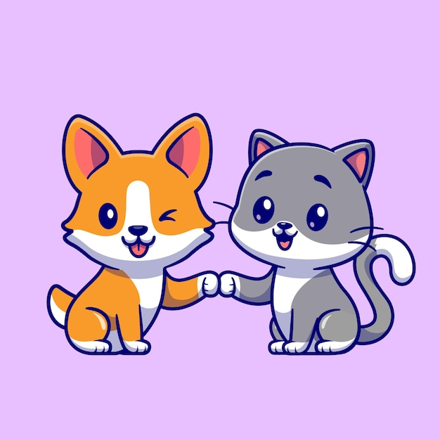 Cute cat and corgi dog cartoon vector icon illustration. animal friend icon concept isolated premium vector. flat cartoon style