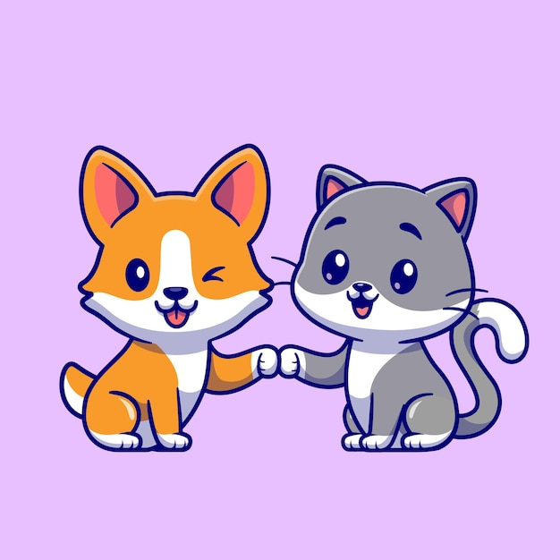 귀여운 고양이와 Corgi 강아지 만화 벡터 아이콘 그림. 동물 친구 아이콘 개념 절연 프리미엄 벡터입니다. 플랫 만화 스타일