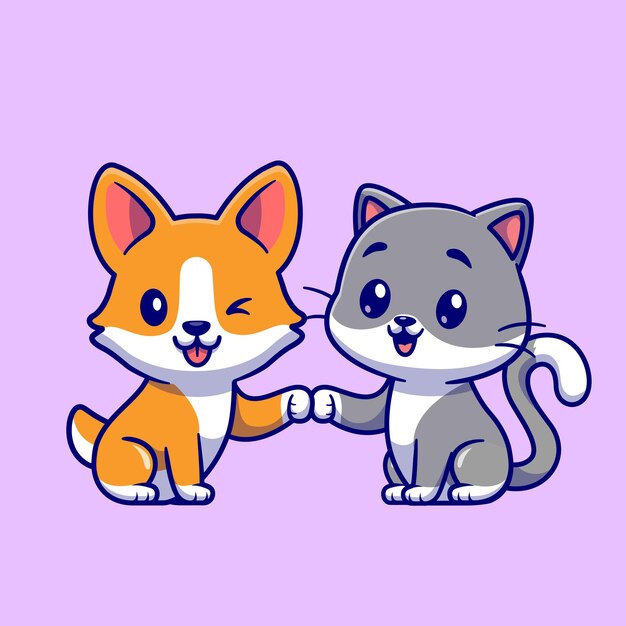 Cute Cat and Corgi Dog Cartoon Vector Icon Illustration. Animal Friend Icon Concept Isolated Premium Vector. Flat Cartoon Style
