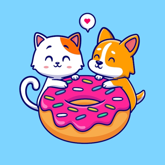 Cute cat and corgi dog eating donut together cartoon vector icon illustration. animal food isolated